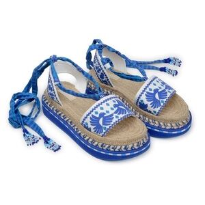 FARM Rio Blue Patterned Espadrille Platform Sandals with Ankle Wraps